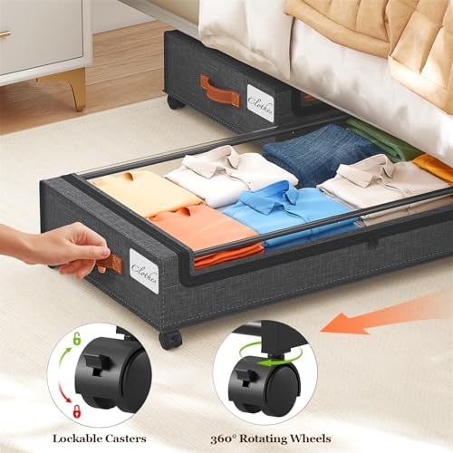 Yecaye 70L Under Bed Storage with Wheels, 2Pack Larger Capacity Under Bed Storage Containers, Underbed Shoe Storage Organizer, Rolling Under Bed Metal Drawers for Shoes, Clothes, Hemp Grey - Image 3