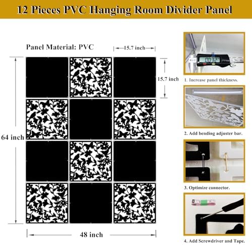 Lchen Hanging Wall Divider,12pcs PVC Room Partition Screen Panel with Butterfly Flower Bird for Home,Office,Hotel,Bar Decoration(black02) - Image 2