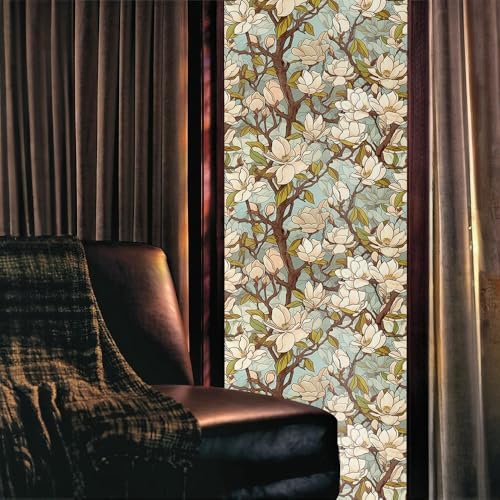 White Magnolia Floral Tree Light Blule Window Films Decorative Double-Side Privacy Film Self-Adhesive Static Glass Window Clings Stickers for Living Room Bathroom Glass Windows Decor - Image 2