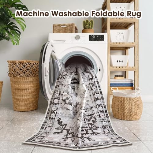 Washable Area Rug 8x10, Grey Vintage Persian Style Floral Living Room Rug - Image 5