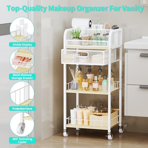 HapiRm Makeup Organizer Storage Cart - 4 Tier Skincare Make Up Storage with Drawer, Rolling Makeup Cart Vanity Organizer Cosmetics Display Cases Holder for Skin Care Perfume Nail Polish Brush - Image 6