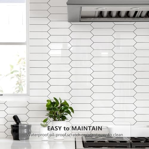 Vamos Tile Glossy White Backsplash Tile Peel and Stick, 12.8 x 12.8 Inch 10 Sheets Long Hexagon PVC Self Adhesive Mosaic Wall Tiles Stick on Backsplash for Kitchen and Bathroom - Image 2