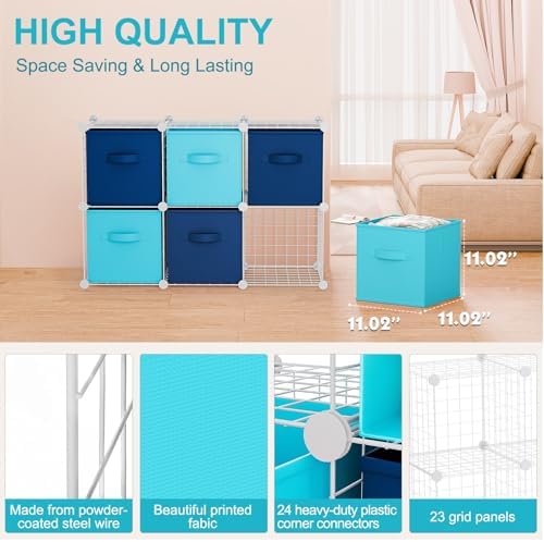 Leinuosen 6 Cube Storage Organizer with 6 Foldable Fabric Storage Bins, Metal Wire Grid Shelves, Stackable Modular Closet Organizer for Bedroom Living Room Office Toys Books(White,Blue) - Image 2