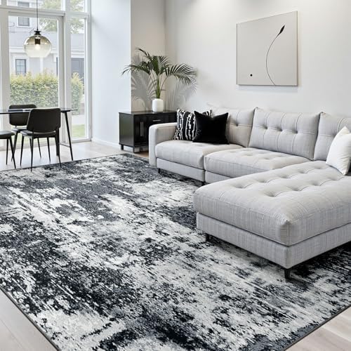 RELEANY Washable 7'x9' Abstract Area Rug for Living Room Black White - Image 2