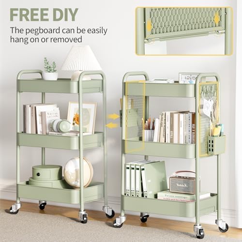 TOOLF 3 Tier Rolling Cart, Metal Utility Storage Cart with Pegboard, Green | 2 Bins & 4 Hooks, Screwless Assembly, Lockable Wheels, Trolley Organizer for Bathroom, Kitchen, Office, Dorm, Craft Room - Image 3