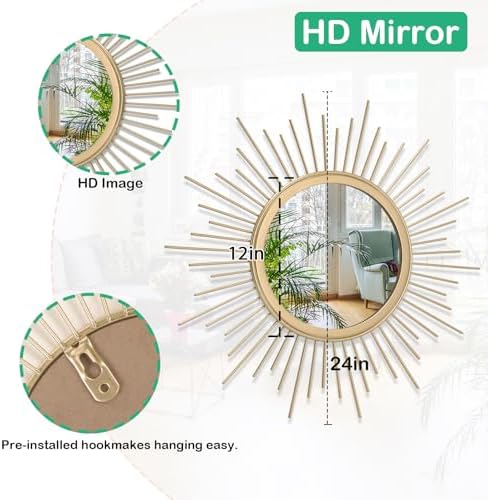 Gold Mirrors for Wall Metal Sunburst Wall Mirrors Home Décor Decorative Hanging Wall Art for Living Room Bedroom Entryway Large 24" x 24" - Image 7