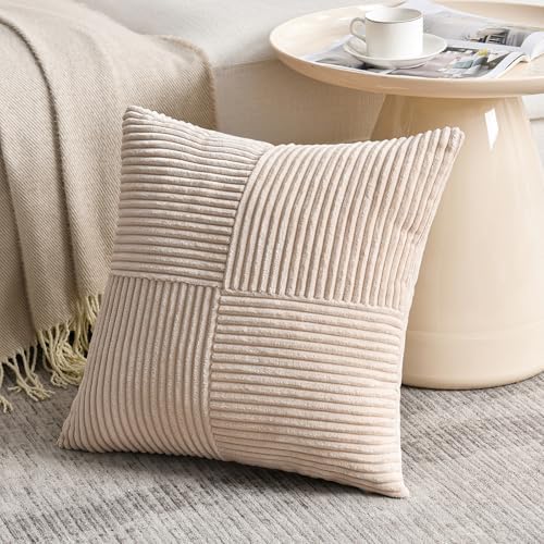 Fancy Homi 2 Packs Tan Euro Decorative Throw Pillow Covers 28x28 Inch for Living Room Couch Bed, Farmhouse Boho Home Decor, Soft Corss Corduroy Patchwork Textured Square Beige Cushion Case 71x71 cm - Image 2
