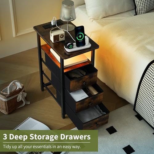 Yoobure End Table with Charging Station, LED Narrow Side Table Bedside Table, Small Night Stand End Tables Living Room, Skinny Nightstand with 3 Fabric Drawers, Side Tables Bedroom for Small Spaces - Image 6