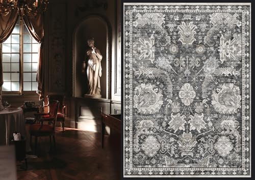 RUGSURE Washable Area Rugs - Perfect for Living Room, Bedroom, Kids Room, Nursery - Stain & Water Resistant Non-Slip, Pet & Child Friendly, Vintage Tribal Area Rugs (Grey, 4' x 6') - Image 2