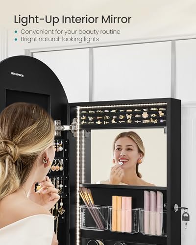SONGMICS Wide Jewelry Organizer, Wall/Door Mounted, LED Cabinet, Lockable - Image 6