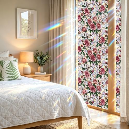 Window Privacy Film Stained Glass, 6 Pcs Pink Rose Static Cling Window Privacy Films Decals with Installation Tools, Rainbow Film Stickers for Home Kitchen Bathroom Glass Door 17.7 x 78.7 inches - Image 4