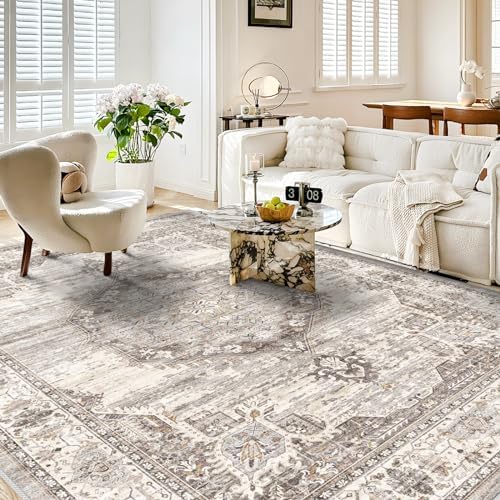 Washable Living Room Area Rug：8x10 Bedroom Rugs - Farmhouse Distressed Printed Floral Carpet - Foldable Non-Shedding Floor Carpet for Dining Room 8'x10' Beige - Image 4