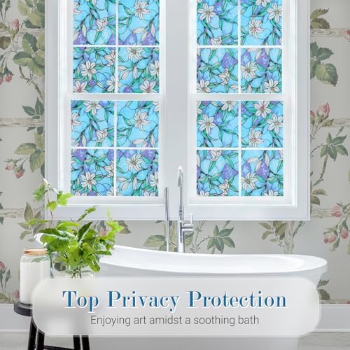 rabbitgoo Stained Glass Window Privacy Film, Blue Lily, 17.5" X 78.7" - Image 2