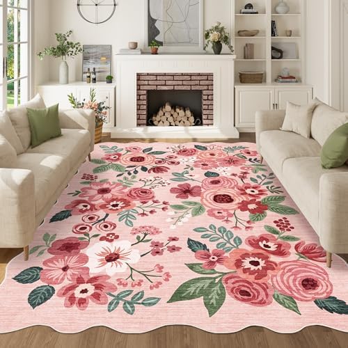 DUKINO 5x7 Area Rugs for Bedroom, Floral Washable Rug Non Slip, Pink by DUKINO