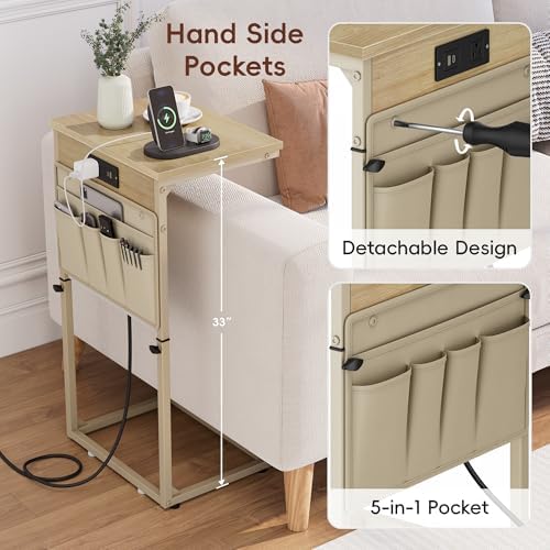 Vagusicc C-Shaped End Table with Charging Station, Small Side Table for Couch, 33" Tall C Table Adjustable Height Side Table, Couch Tables that Slide Under, Sofa Table TV Tray for Living Room, Natural - Image 6