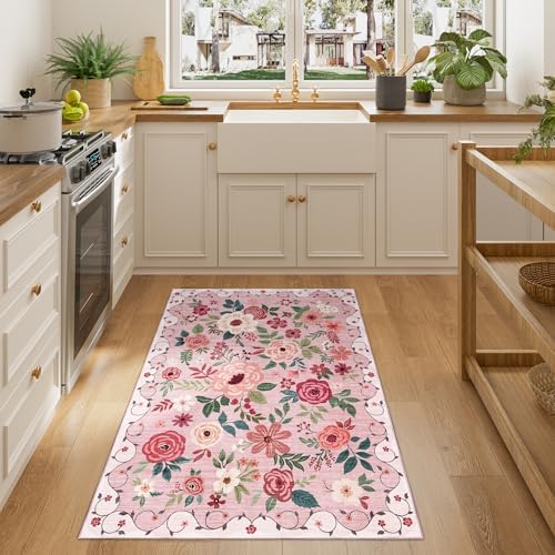 DUKINO 3x4 Area Rug, Floral Washable Rug for Kitchen Non Slip, Pink - Image 6