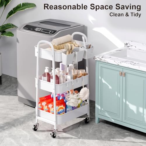 3 Tier Heavy Duty White Metal Rolling Cart with Lockable Wheels,Roller Cart - Image 5