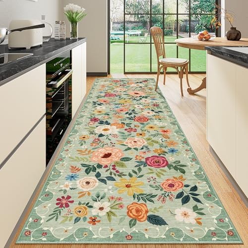 DUKINO 3x10 Runner Rug, Floral Washable Kitchen Runner Rug Non Slip, Green - Image 4