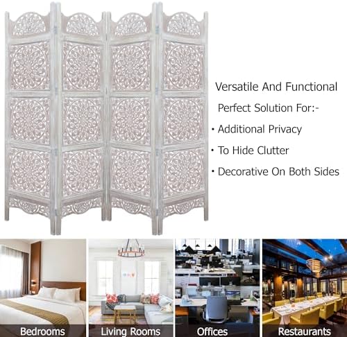 COTTON CRAFT Room Divider Wood Screen - Hand Carved Folding 4 Panels 72x80 - Image 5