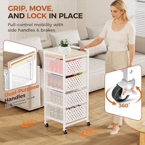 5 Tier Kitchen Storage Cart with Wheels, Utility Fruit Vegetable Storage Rack Stand with Pull-Out Baskets & Wood Top, Metal 4-Drawers Rolling Snack Cart, Kitchen Cart for Potato Onion(White) - Image 6