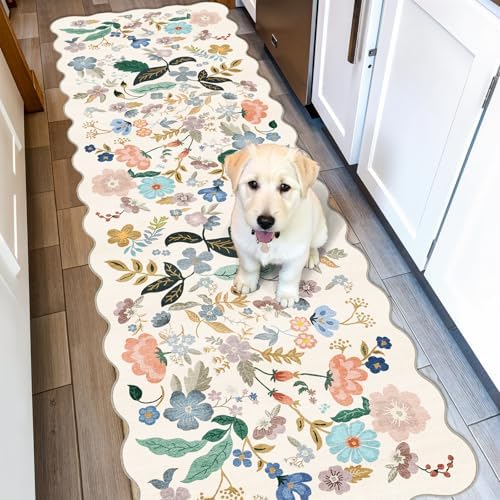 2x6 Washable Hallway Runner Rug: Floral Kitchen Rugs with Non-Slip Backing Vintage Low Pile Entryway Carpet for Living Room Bedroom Ultra Soft Water Resisitant Floor Mat for Bathroom Laudry(2x6,Cream) by HYHAOYUNLAI