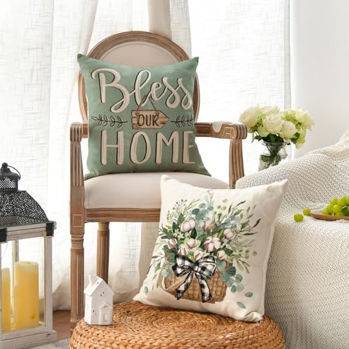 AVOIN colorlife Bless Our Home Farmhouse Eucalyptus Leaves Throw Pillow Covers, 18 x 18 Inch Truck Home Sweet Cushion Case Decorations Set of 4 - Image 3