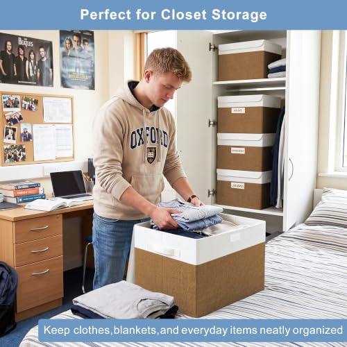 Large 17" 42 Quarts Collapsible Stackable Storage Bins with Lids [3-Pack] Foldable Fabric Linen Storage Boxes Cube, Closet Organizer Baskets with Label for Home (16.7 x 12 x 12", Brown & White) - Image 3