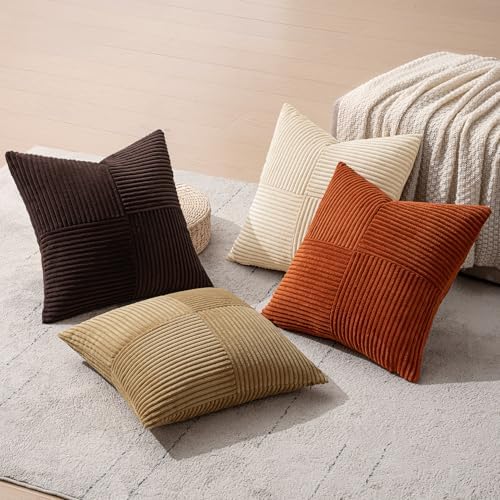 MIULEE Brown Beige Throw Pillow Covers 18x18 Inch Set of 4 Boho Farmhouse Cushion Cases for Livingroom Couch Bed Soft Corduroy Pillow Cases with Invisible Zipper Home Decor - Image 7