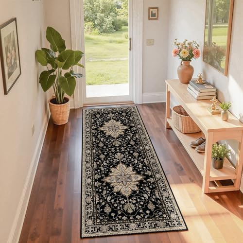 RELEANY Washable Area Rug, Runner 2'x6', Black/Neutral - Image 3