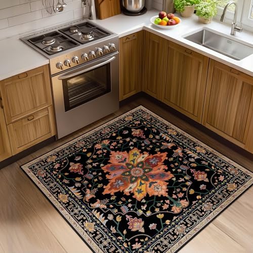 RELEANY Washable Area Rug, Square 4'x4', Black/Colorful by RELEANY