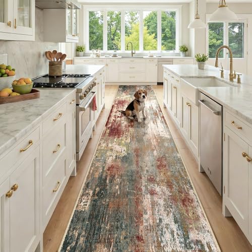 RELEANY Washable Runner 2'6"x12' Abstract Area Rug for Hallway Rustic Brown by RELEANY
