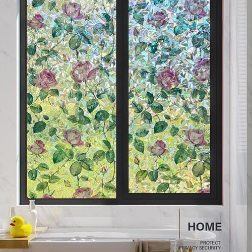 Retro Flowers Window Privacy Film, Magnolia Stained Glass Decorative Window Film for Glass, Rainbow Stained Window Cling Sticker Floral Removable Static Cling for Window (1, Roses, 17x78.7in) - Image 2