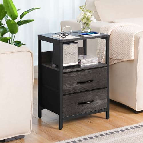 Yoobure Nightstand with Charging Station, Small Night Stand with Fabric Drawers and Storage Shelf for Bedrooms, Nightstands for Small Spaces, Bedside Table with USB Ports & Outlets, Bed Side Table - Image 2