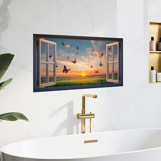 Butterfly Sunset Kitchen Backsplash Peel and Stick, 30x16 in | Colorful butterflies over golden sunset meadow through open window; flat 2D waterproof peel and stick; wipe clean; 30x16 in - Image 8