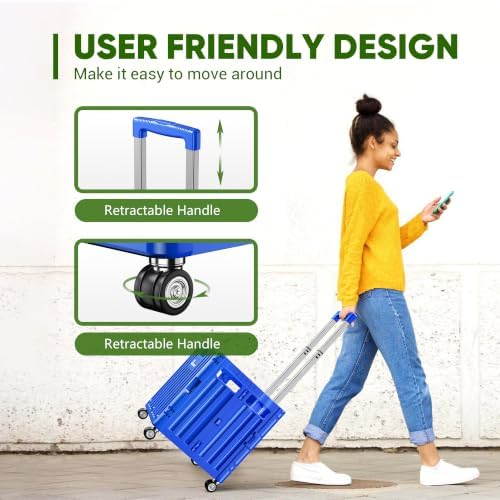 Folding Utility Cart with Lid, Portable Rolling Crate Handcart Collapsible Shopping Trolley, Durable Plastic Foldable Tool Basket with 4 Rotate Wheels for Grocery, Office, Luggage, School - Blue - Image 5