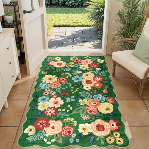DUKINO 3x5 Area Rugs, Non Slip Floral Washable Rug for Bedroom, Dark Green by DUKINO