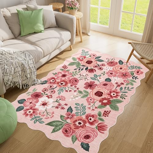 DUKINO 4x6 Area Rug, Non Slip Floral Washable Rug for Living Room, Pink - Image 5