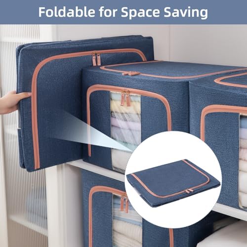 GuliPostan 3 Pack 24L Stackable Clothes Storage Bins with Metal Frame Handles & Zipper, Collapsible Closet Organizer Box with Lid for Bedding Blankets Towel (Navy) - Image 4
