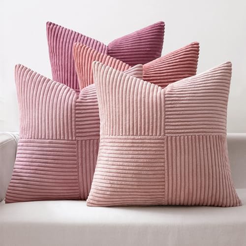MIULEE Pink Spring Throw Pillow Covers 20x20 Inch Set of 4 Boho Farmhouse Cushion Cases Decorative Gradient Pillow Cases Corduroy Striped Home Decor for Couch Sofa Living Room Bed Valentine Decor by MIULEE