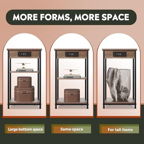 WLIVE Side Table with Charging Station and USB Ports, Small End Tables for Small Spaces, 3-Tier Nightstand with Adjustable Shelf, Bedside Tables, Living Room, Bedroom, Brown - Image 4