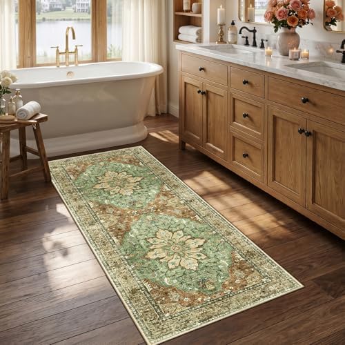 RELEANY Washable Area Rug, Runner 2'6"x5', Brick/Brown/Green - Image 2