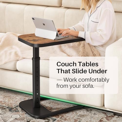 Kitstorack Adjustable Height C-Shaped End Table, 9-Level Side Table with Thickened Metal Rounded Edge, Couch Table Slides Under Sofa or Bed, Eating, Working, TV Tray Table for Small Spaces, Brown - Image 6