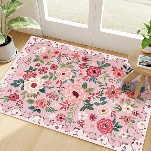 DUKINO 2x3 Entryway Rug, Floral Door Mat Soft Washable Rug Non Slip, Pink by DUKINO