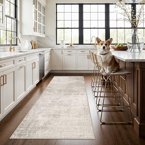 3x7 Washable Hallway Runner Rug: Abstract Stain Resistant Kitchen Rug Farmhouse Ultra Soft Bathroom Bedroom Entryway Printed Floor Mat Thin Non-Slip Carpet for Living Room Laudry(3x7,Beige/Cream) by HYHAOYUNLAI