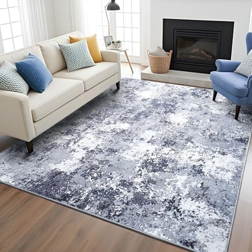 Modern Abstract 4x6 Rug, Soft Washable Area Rug for Bedroom, Non Slip Thin Foldable Low Pile Stain Resistant Carpet for Living Room Dining Room Home Office Decor, Blue White by Enqinar