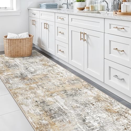 3x15 Ft Long Hallway Runner Rug - Non-Slip Washable Kitchen Runner Rug with Rubber Backing | Modern Abstract Wide Floor Carpet Runner for Indoor Entryway, Bedroom, Living Room (Gold Grey) - Image 3