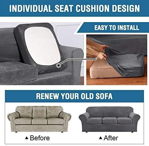 H.VERSAILTEX Rich Velvet Stretch 2 Piece Cover Chair Slipcover Sofa Cover Furniture Protector Couch Soft with Elastic Bottom Chair Couch Cover with Arms Width Up to 49 Inch(Chair,Grey) - Image 6