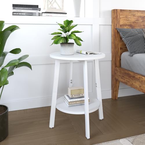 sthmec Side Table Set of 2, Small Round End Table with Storage Shelf for Small Space, 2-Tier Bedside Table Sofa Couch Table, Round Nightstands Set 2 Accent Table for Living Room, Bedroom, White - Image 2