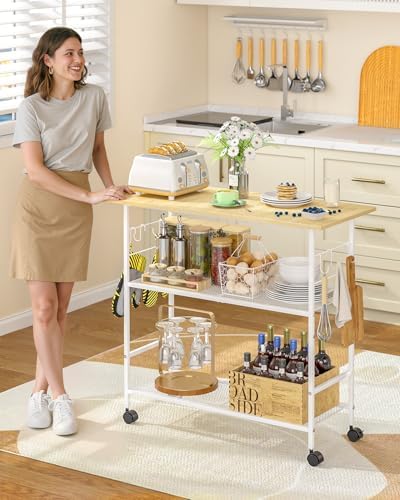Kitchen Island with 3 Shelves, Rolling Kitchen Cart with 6 Hooks and Protective Shelf, Microwave Stand on Lockable Wheels, Bakers Rack Coffee Bar for Dining, Living Room, Outdoor, Metal Frame, White - Image 4