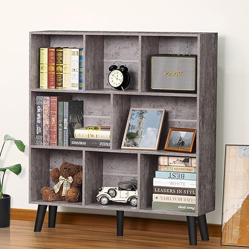 LEYAOYAO 8 Cube Bookshelf,Mid-Century Modern Bookcase with Legs,Dirty Grey - Image 3